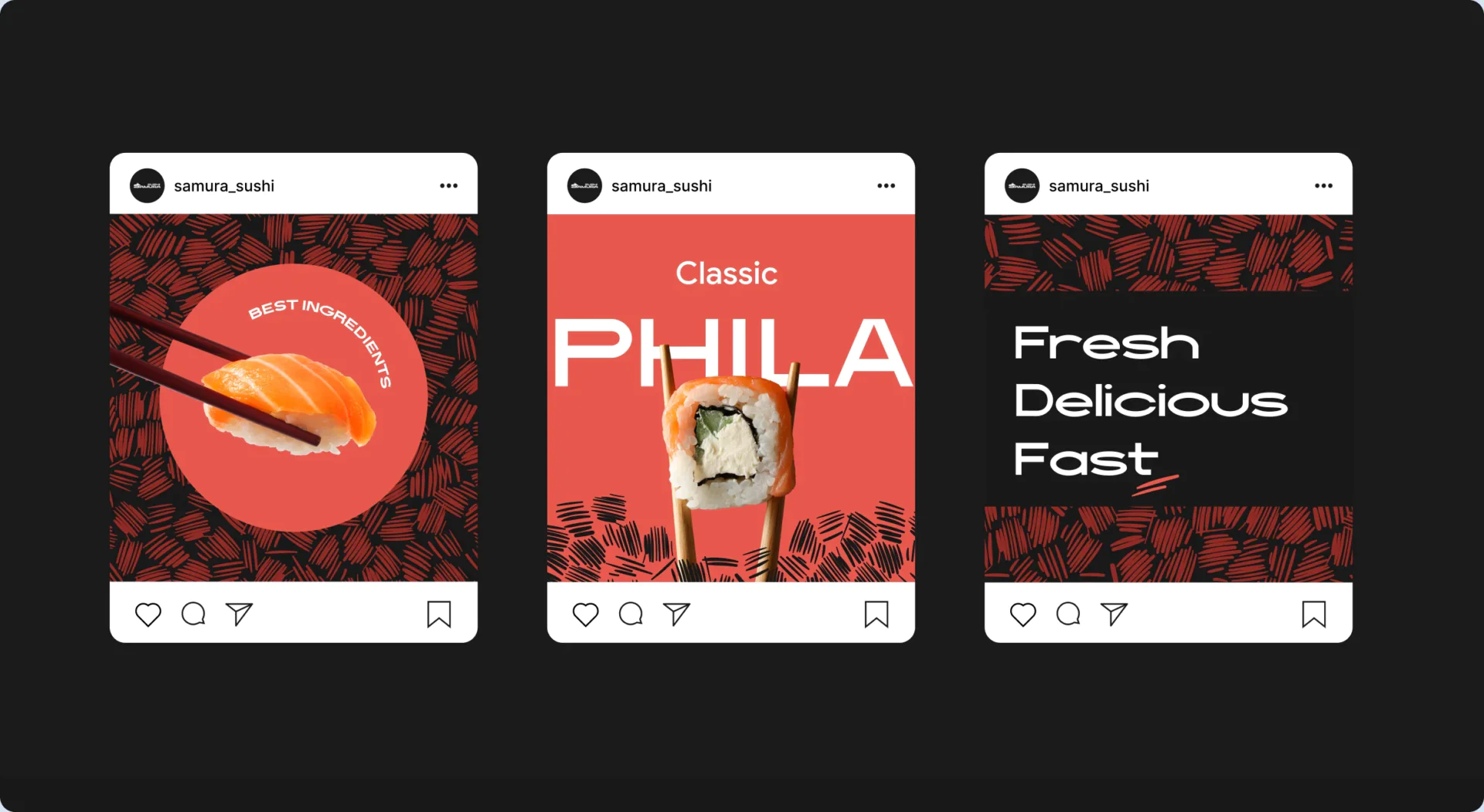 Дизайн постів Instagram для Samura Sushi — візуальний стиль соцмереж суші-бару в Дубаї