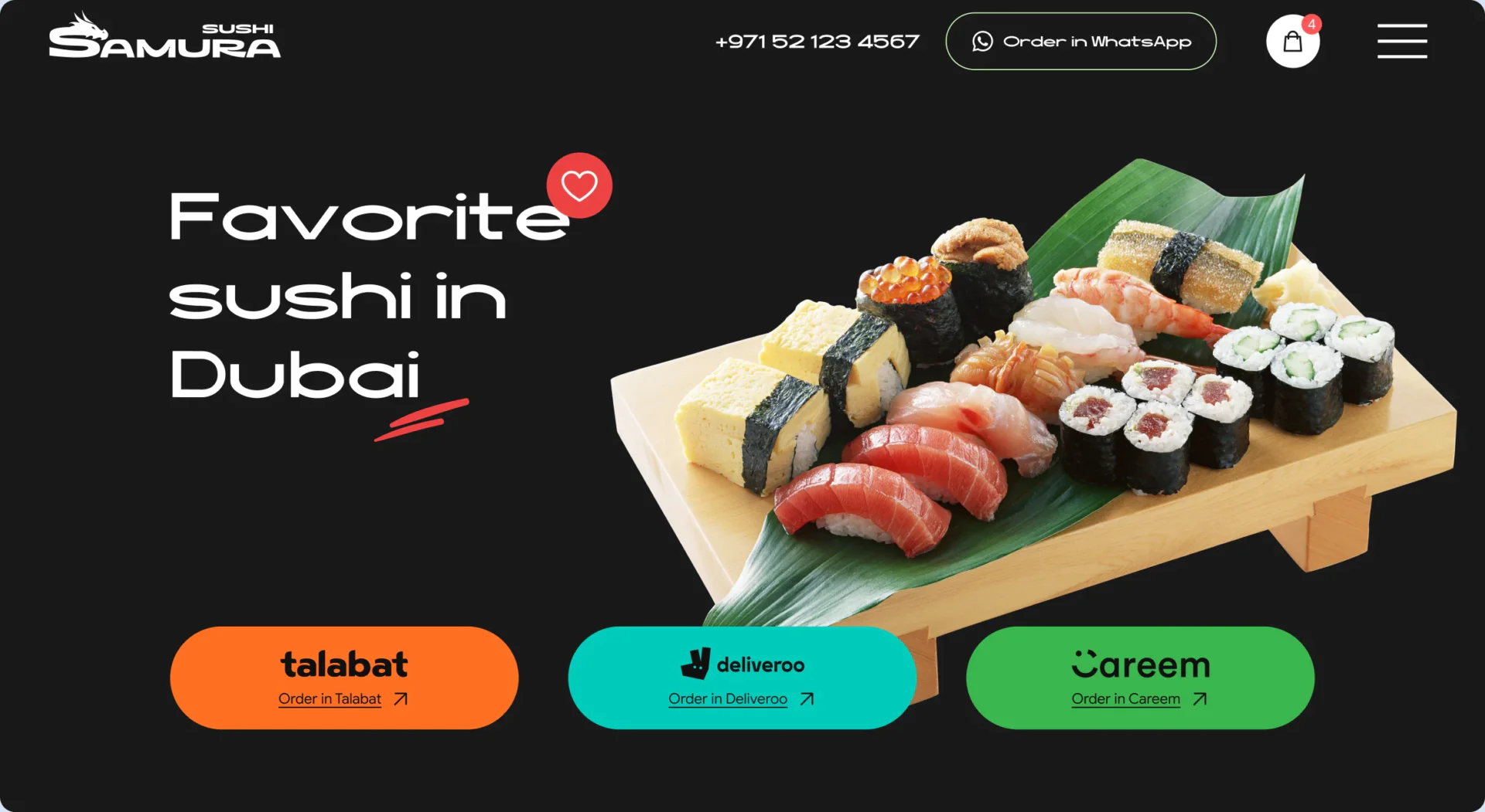 Головний екран сайту доставки суші Samura Sushi в Дубаї з кнопками Talabat, Deliveroo та Careem — веб-дизайн Proekcia