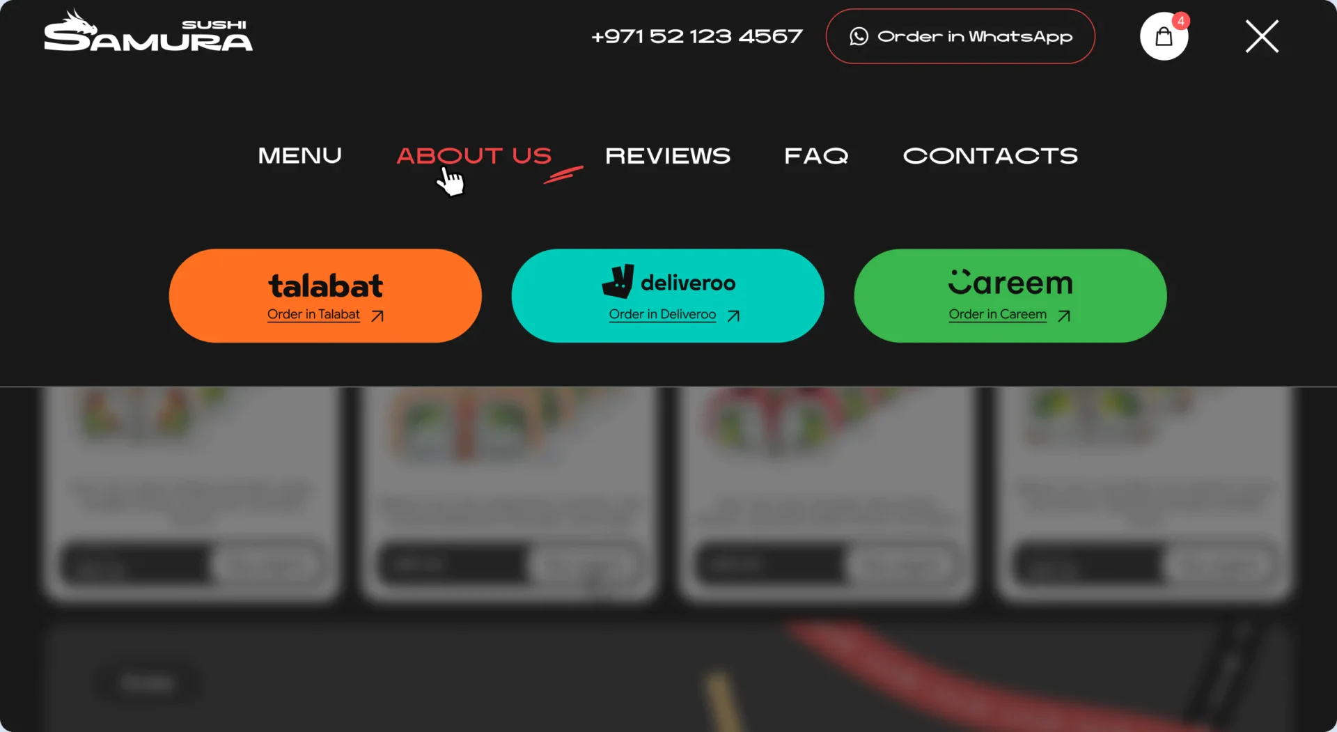 Відкрите меню сайту Samura Sushi з переходами в Talabat, Deliveroo та Careem — дизайн сайту доставки суші в Дубаї