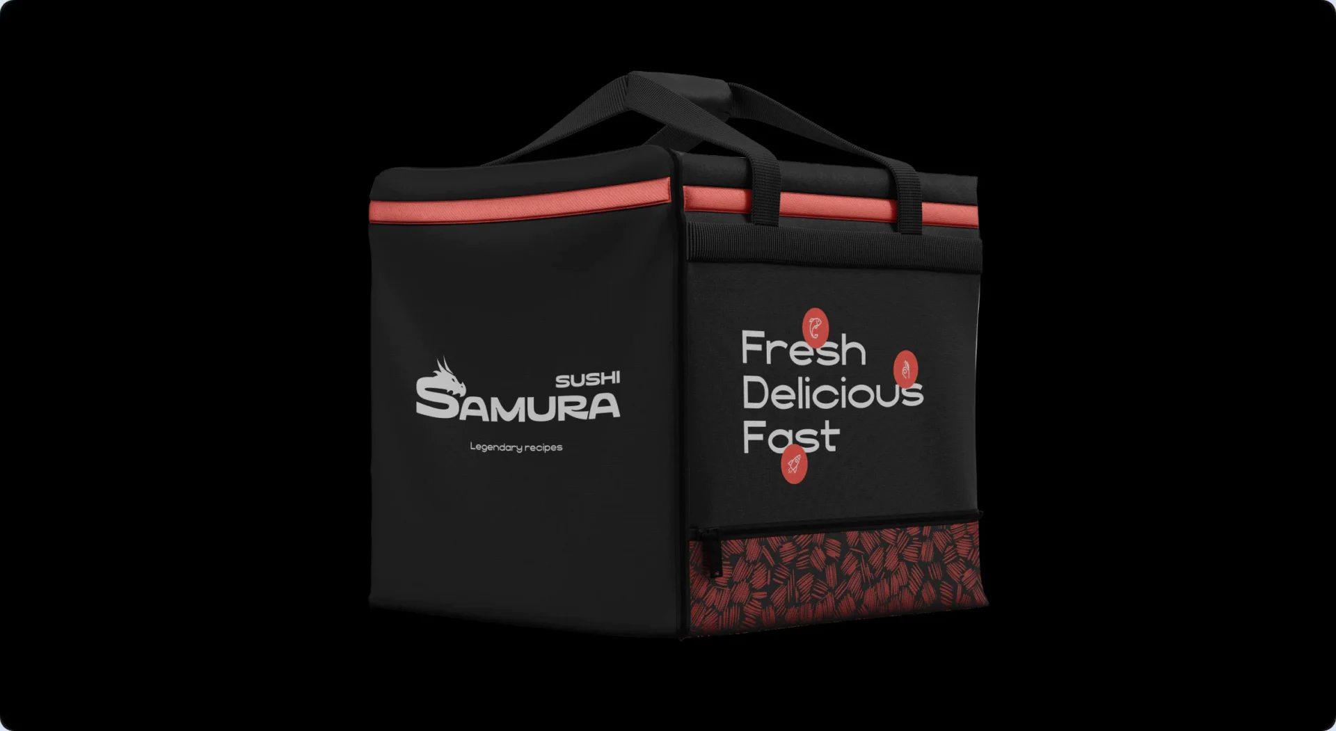 Брендована термосумка кур’єра Samura Sushi зі слоганом Fresh Delicious Fast — доставка суші в Дубаї