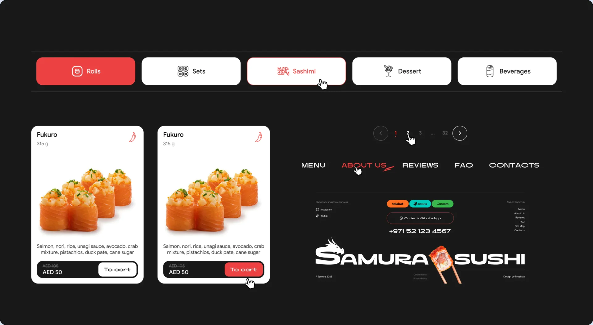 UI-елементи сайту доставки суші Samura Sushi: категорії меню, картки ролів, кнопки та футер