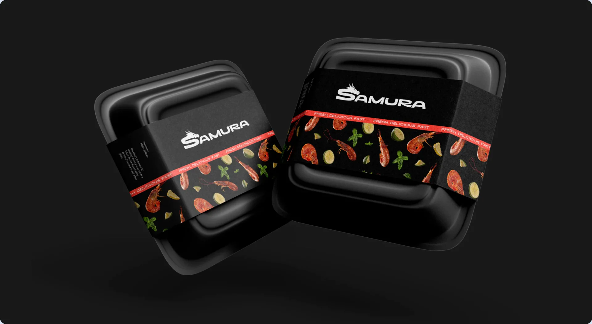Фірмові бокси для суші Samura Sushi з брендованою стрічкою — дизайн упаковки для доставки в Дубаї